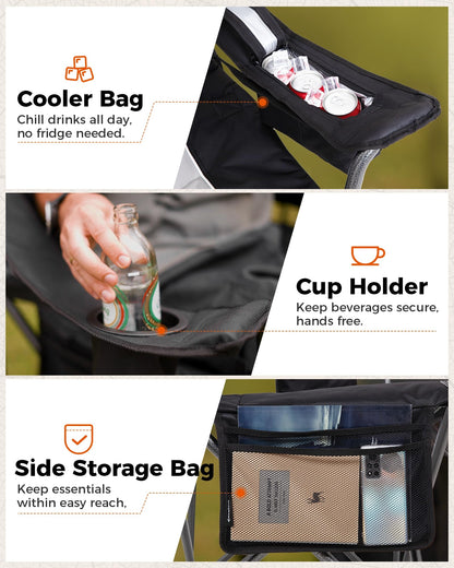 KingCamp Oversized Camping Folding Chair, Heavy Duty 450 LBS with Lumbar Support, Padded seat with Cup Holder&Cooler Bag, Ideal for Camp, Fishing, Sports Event, Backyard, Patio, Lawn (Black/Grey)