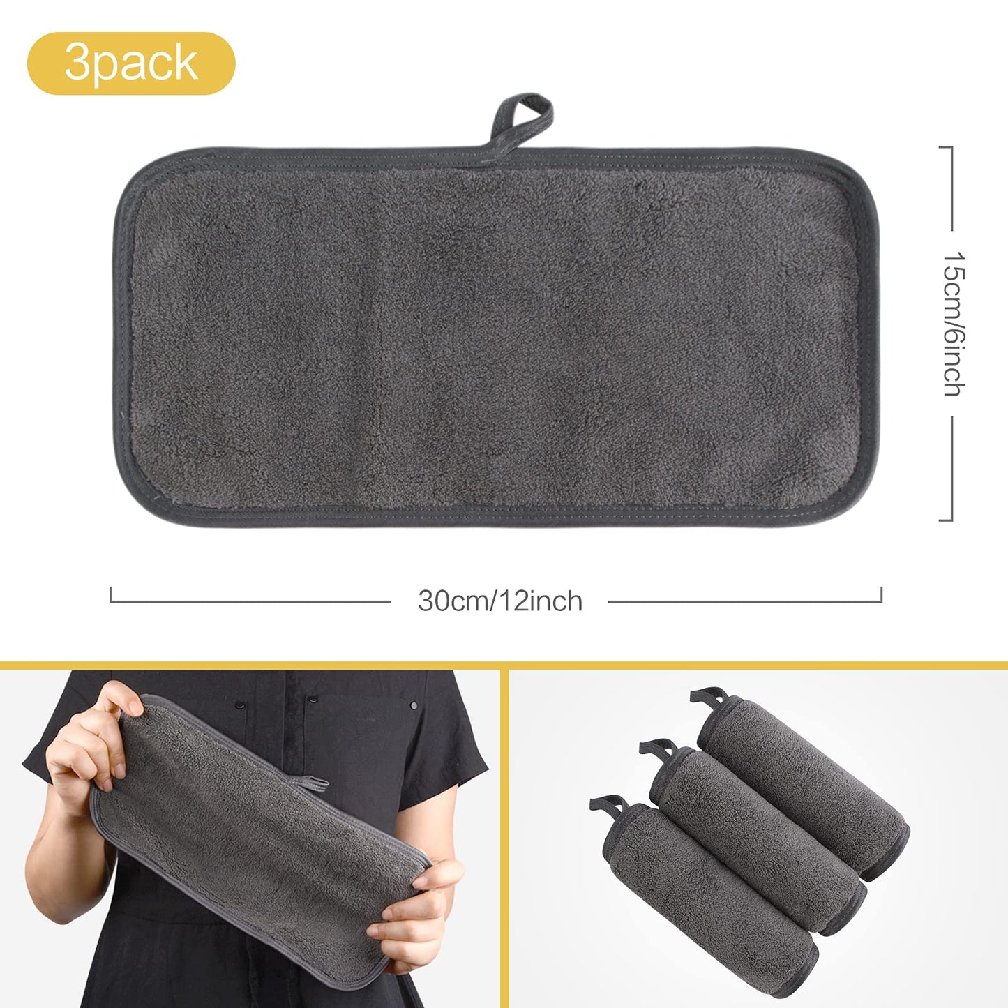 KinHwa Reusable Makeup Remover Cloths Soft Microfiber Face Cleansing Cloth Magically Remove Cosmetics Only with Water 6inch x 12inch 3 Pack Dark-Gray