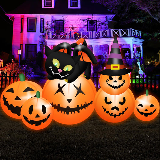 5.8 FT Long Halloween Inflatables Pumpkin Outdoor Decorations Blow Up Inflatables Pumpkin Patch with Black Cat & Witch Hat Build-in LEDs Outdoor Blow Up Yard Decorations for Holiday Party Lawn Garden