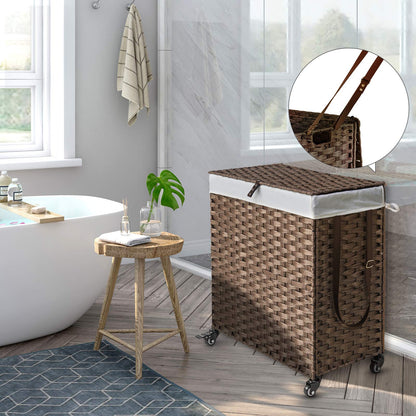 Greenstell Laundry Hamper with Wheels, No Install Needed, 110L Divided Handwoven Hampers & 2 Removable Liner Bags, Rattan Clothes Laundry Basket with Lid & Handles, Foldable Hampers Brown 22x13x26.4In