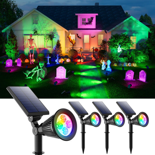 4 Pack Color Changing Solar Spotlights Outdoor for Halloween Decorations Spooky Ghost, Spider Web, Tombstone, Pumpkin, Waterproof Solar Landscape Spot Lights Uplighting for Outside House, Yard, Garden