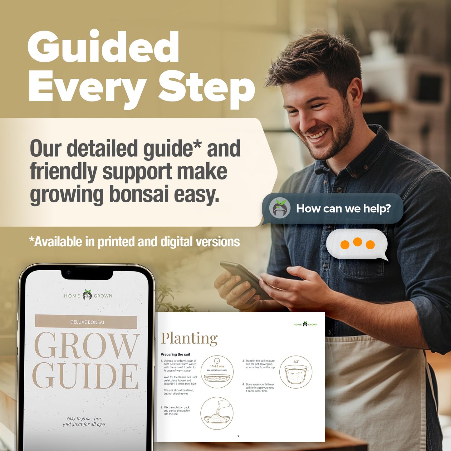 HOME GROWN Bonsai Tree Kit – Grow 4 Bonsai Types Indoors with Complete Starter Kit Including Pots Peat Pellets and Bonus Grow Guide – Unique Gardening Gift for Men Women Beginners