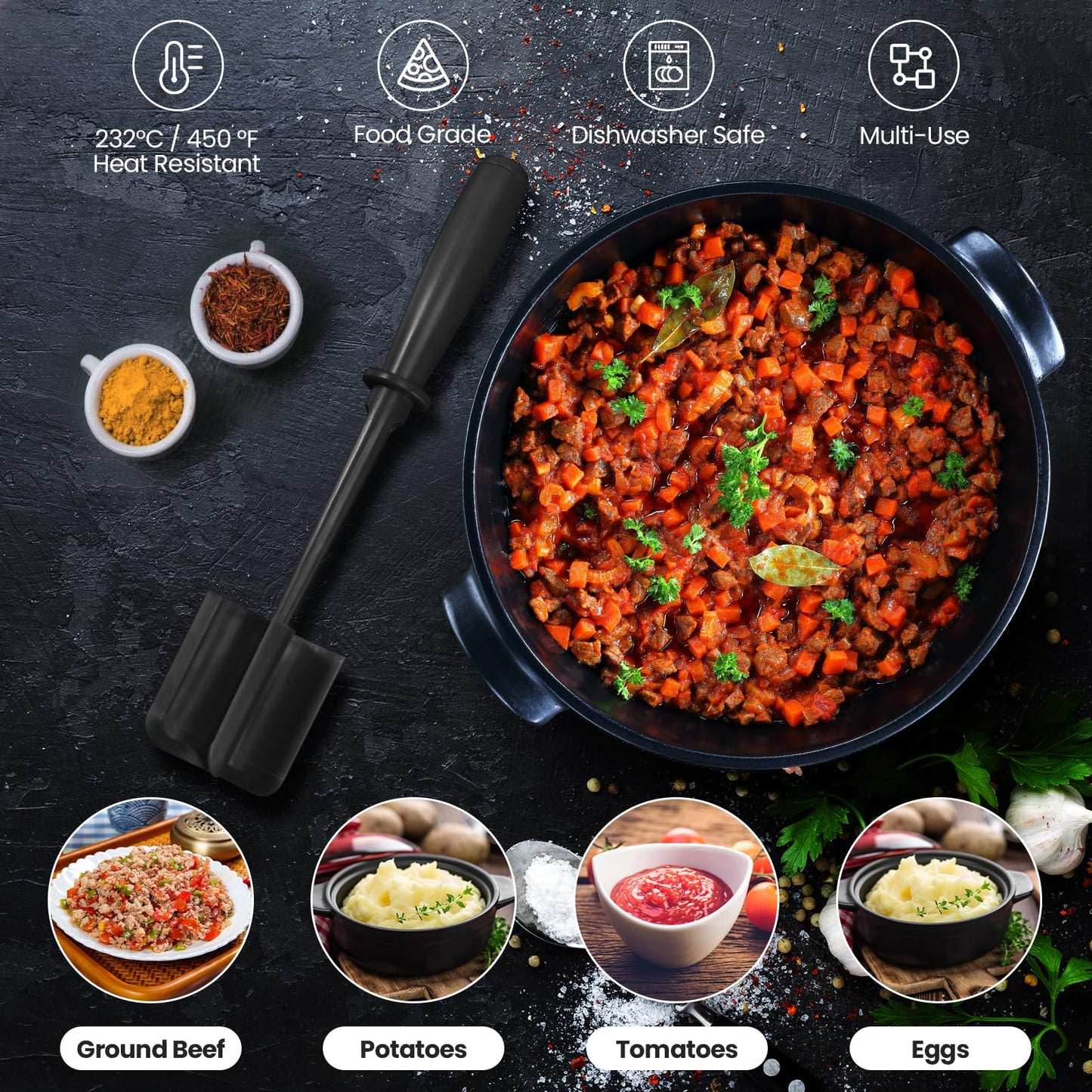 CUNSENR Premium Meat Chopper - 5 Curve Blade Ground Beef Smasher Tool - Heat-Resistant Nylon Meat Masher for Ground Beef, Hamburger, Potatoes - Non-Stick Ground Meat Chopper for Easy Mixing - Black