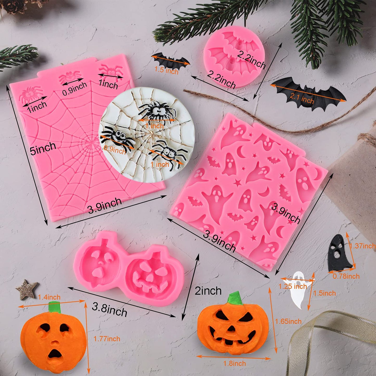 Halloween Silicone 7-Pack Pumpkin Cake & Cupcake Chocolate Skull Batskeleton Hand Bat Ghost Witch Candy Molds for Party
