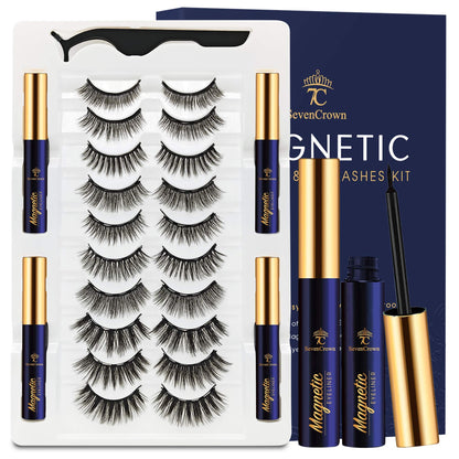 3D Magnetic Eyelashes Natural Look with Eyeliner Kit - 7C SEVENCROWN Magnetic Lashes - Upgraded 4 tubes of Liner - 10 Pairs Reusable False Eyelash Kit with Applicator Easy to Apply.