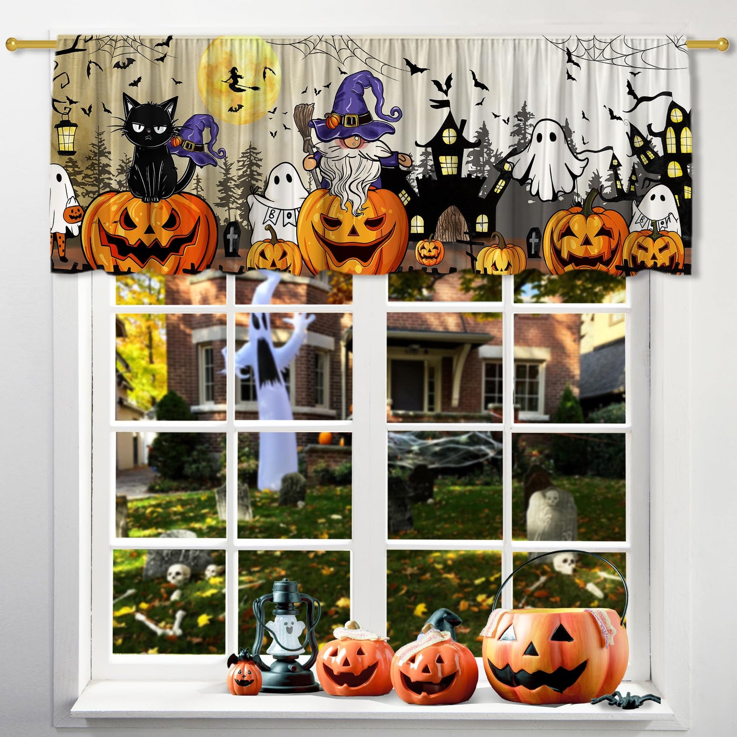 FUTBU Halloween Valance Curtain for Kitchen-Halloween Decorations Window Valance for Living Room Bedroom Scroll -Pumpkin Black Cat Ghost Decor Rod Pocket Valances-Window Treatment Valance 18"X54"