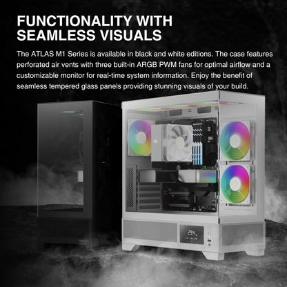 GAMDIAS White Mid Tower Gaming Computer Case w/Display& App, ATX Tempered Glass PC Case, Built-in 3x120mm ARGB PWM Fans, Up to RTX GPU/VGA 410mm & 360mm AIO/Radiator & 6x120mm Fans & 160mm CPU Cooler