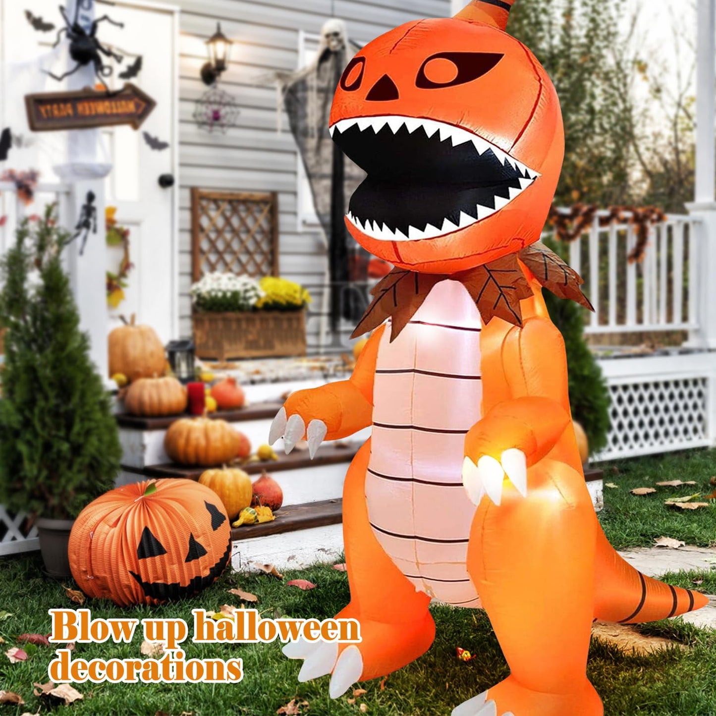 DearSun 8FT Giant Halloween Inflatable Pumpkin Dinosaur with LED Lights Outdoor Decoration Large Party Yard Decoration (Giant Pumpkin Dinosaur)