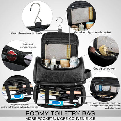 Elviros Toiletry Bag for Mens PU Leather Travel Organizer Kit with Hanging hook, Large Water-resistant Toiletries Bathroom Shaving Bags (Black)