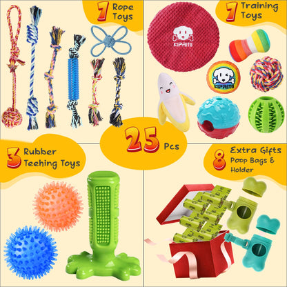 KIPRITII 25 Pack Various Puppy Dog Toys for Teething, Entertainment & Interaction, Puppy Chew Toys Pack with Rope Toy, Treat Balls and Dog Squeaky Toys for Puppies & Small Dogs