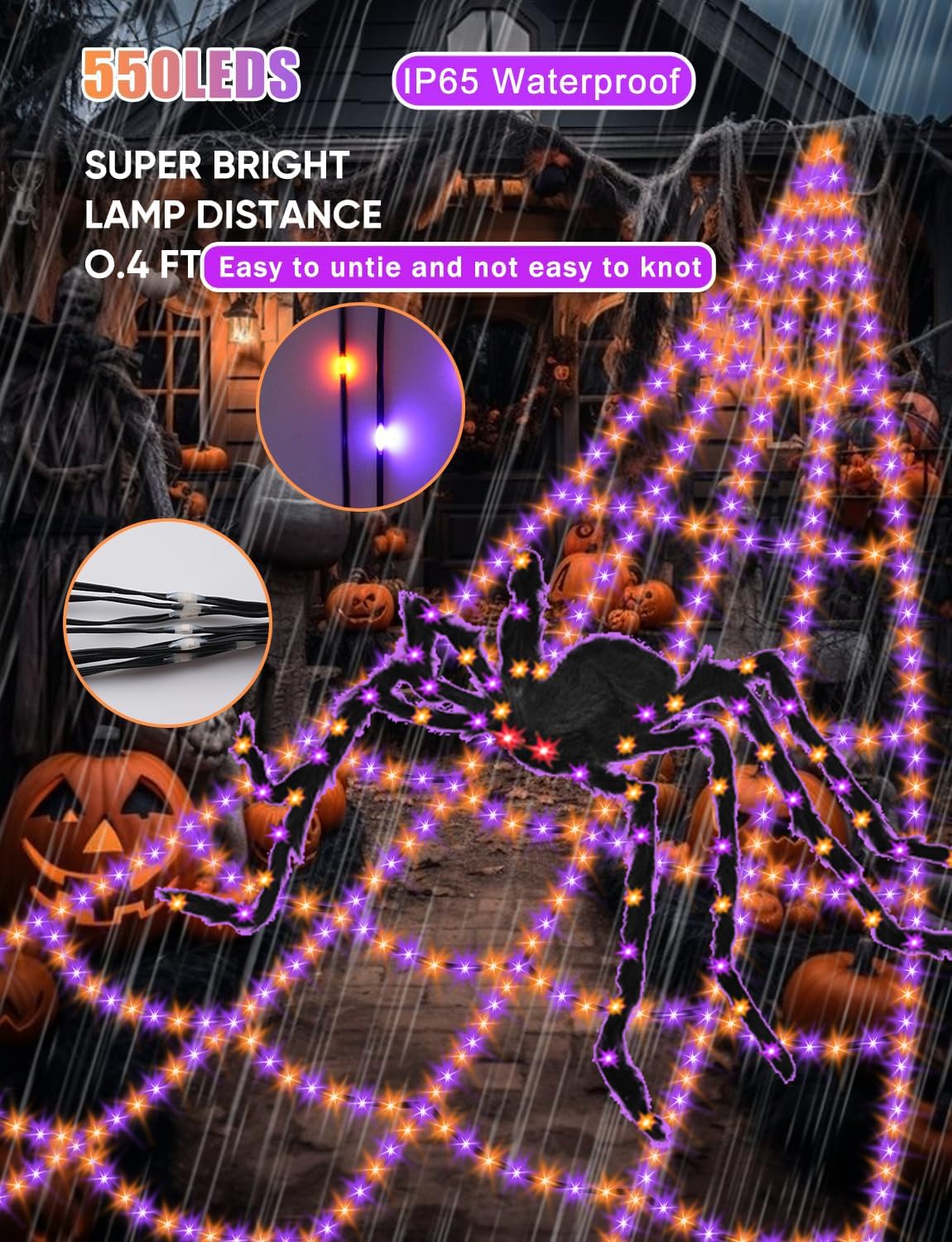 Spider Web Halloween Decorations Lights - 550 LEDs Outdoor Giant Halloween Decor 16.4ft Spider Web with 4ft Light-up Spider, 8 Modes, Waterproof&Timer for Yard Garden, Outside Party (with Spider)