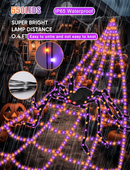 Spider Web Halloween Decorations Lights - 550 LEDs Outdoor Giant Halloween Decor 16.4ft Spider Web with 4ft Light-up Spider, 8 Modes, Waterproof&Timer for Yard Garden, Outside Party (with Spider)