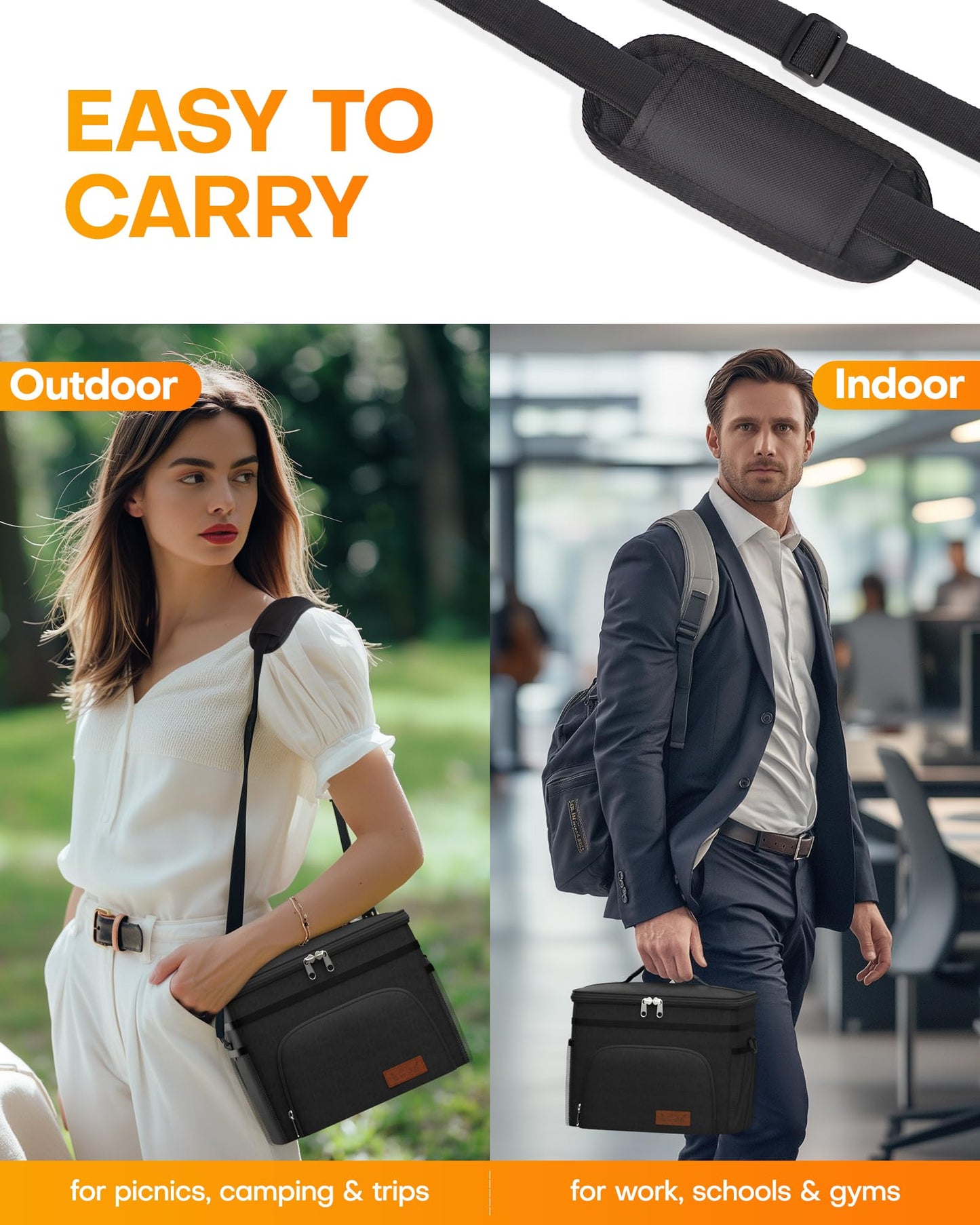 HOTOR Insulated Lunch Box for Men & Women - Leak-Proof Cooler Lunch Bag with 4 Pockets, Adjustable Strap, Ideal for Work, Picnic, Travel - Medium, Black, 10.2"×6.9"×8.5"