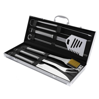 7-Piece Stainless-Steel BBQ Cooking Utensils Set - Barbecue Grill Accessories with Aluminum Portable Handled Storage Case by Home-Complete (Silver)