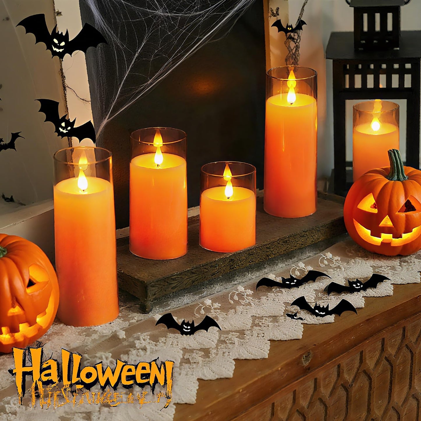 Homemory Halloween Orange Flameless Candles, Battery Operated LED Candles with Remote and Timer, Candles for Halloween Decoration, Fall, Harvest Festival, Set of 5