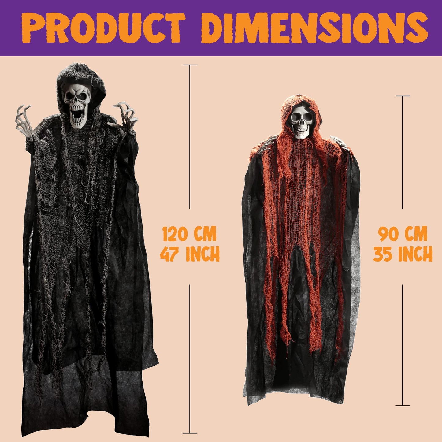 JOYIN Halloween Hanging Grim Reapers (3 Pack), One 47” and Two 35” Grim Reapers, Halloween Skeleton Flying Ghost for Haunted House Prop Décor, Outdoor Indoor Decor