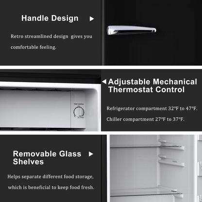 Galanz GLR25MBKR10 Retro Compact Refrigerator, Mini Fridge with Single Doors, Adjustable Mechanical Thermostat with Chiller, Black, 2.5 cu ft