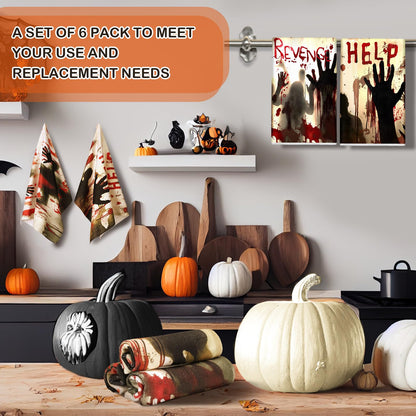 Ganeen 6 Pcs Halloween Kitchen Towels Scary Ghost Dish Towels Bloody Text Hand Towel Horror Zombie Towels 14.2 x 21.3 Inch for Decorative Bathroom Guest Holiday