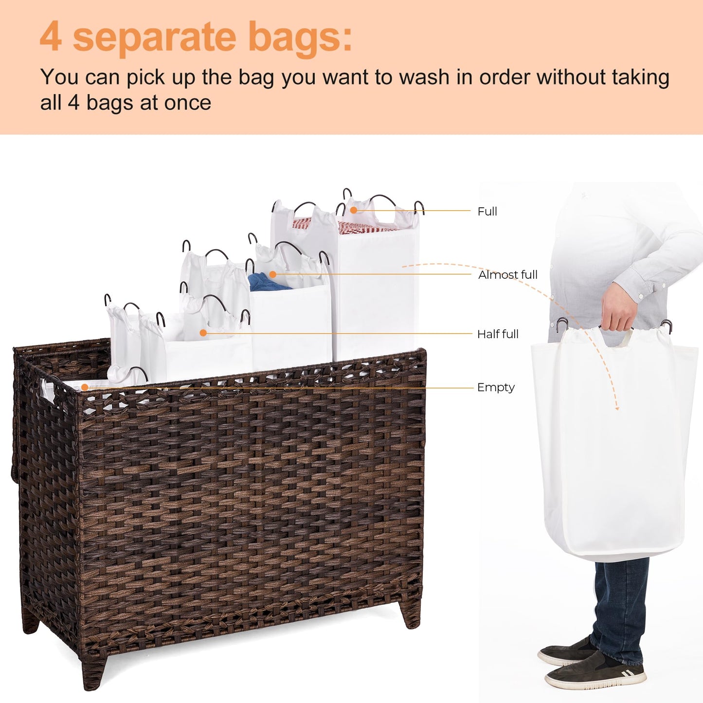 Laundry Hamper with 4 Removable Liner Bags; 176L Handwoven Rattan Laundry Basket with Lid & Heightened Feet; Clothes Hamper with Side Handles (Brown)