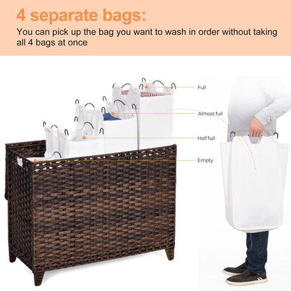 Laundry Hamper with 4 Removable Liner Bags; 176L Handwoven Rattan Laundry Basket with Lid & Heightened Feet; Clothes Hamper with Side Handles (Brown)
