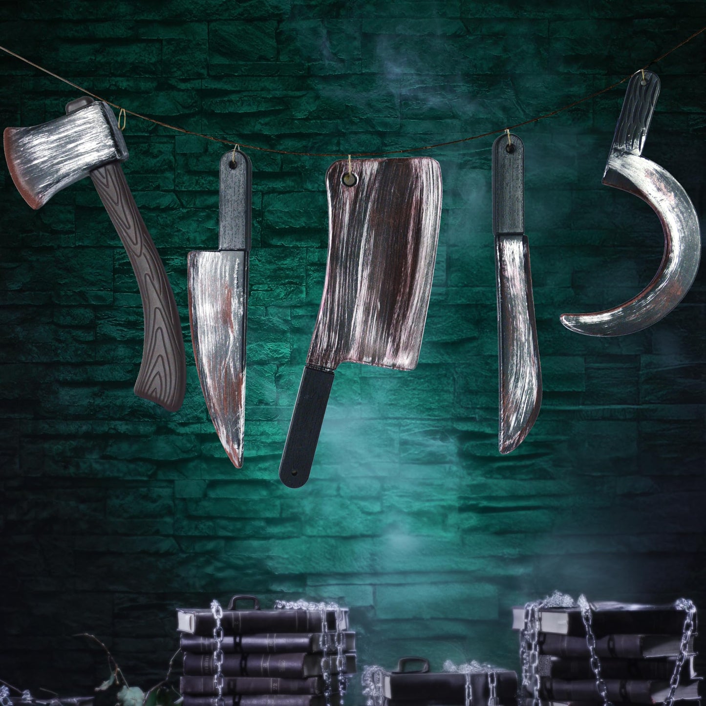 JOYIN 5 Pcs Hanging Halloween Bloody Knife Decorations Indoor, Fake Knife Prop Plastic Fake Knives Weapon Prop, Party Decor Haunted House Fake Blood, Machete Axe Cleaver Sickle for Scary Yard Porch