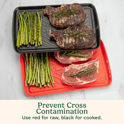 Cuisinart Grilling Prep & Serve Trays, 17x10.5 inch BBQ Tray Safe for Food Handling, 2 Dishwasher Safe Nesting Trays Black & Red, Perfect Grilling Accessories for Cooked & Raw Meat, Fits 6 Burgers