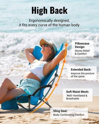 KingCamp High Back Beach Chairs for Adults, Folding Beach Chair with Cup Holder Carry Bag and Mesh Back, Blue Camping Chair for Travel Lawn Outdoor Festival