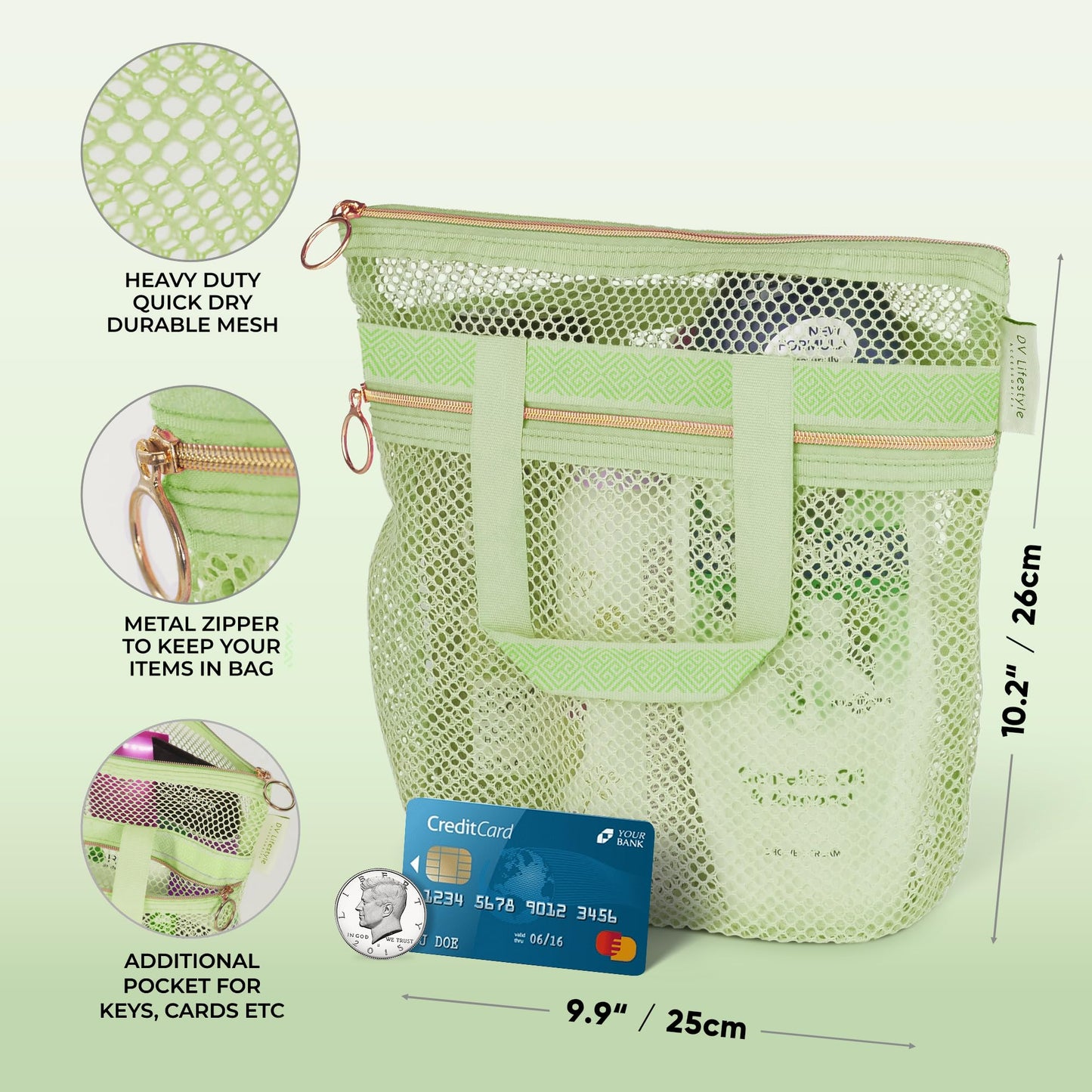 DV Lifestyle Mesh Shower Bag 10.2x9.9'' Quick-Dry Caddy with Zipper & 2 Pockets. Portable Toiletry Tote for Bathroom, Gym, Travel, Camp, Beach, for Sunscreen, Dorm & College Essentials (Light Green)