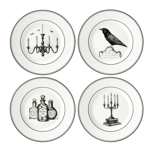 Lenox Dinnerware Set, Vintage Halloween 4-Piece Dessert Plate Set, Assorted, Set of 4 Ivory Porcelain Plates, Dishwasher Safe, Halloween Decor Indoor, Party Table Decorations (Black/White, 4 Piece)