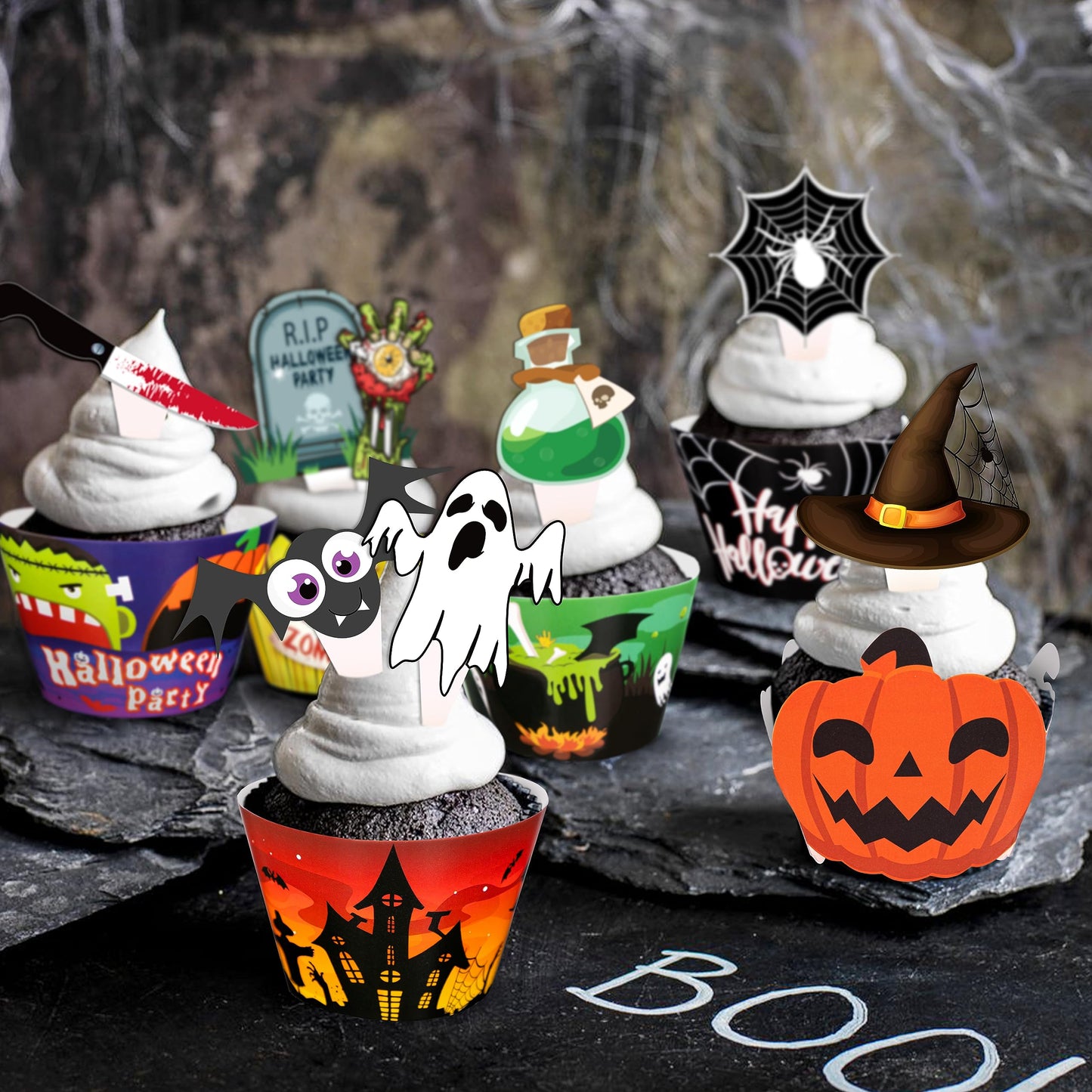 164PCS Halloween Cupcake Toppers Wrappers - Spider Web Pumpkin Zombie Hand Cake Party Decorations Supplies