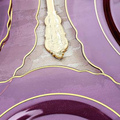 KIRE 210Pcs Purple Plastic Plates with Gold Rim& Silverware &Cups&Hand Napkin - Baroque Clear Plastic Dinnerware for Upscale Wedding/Parties Plates