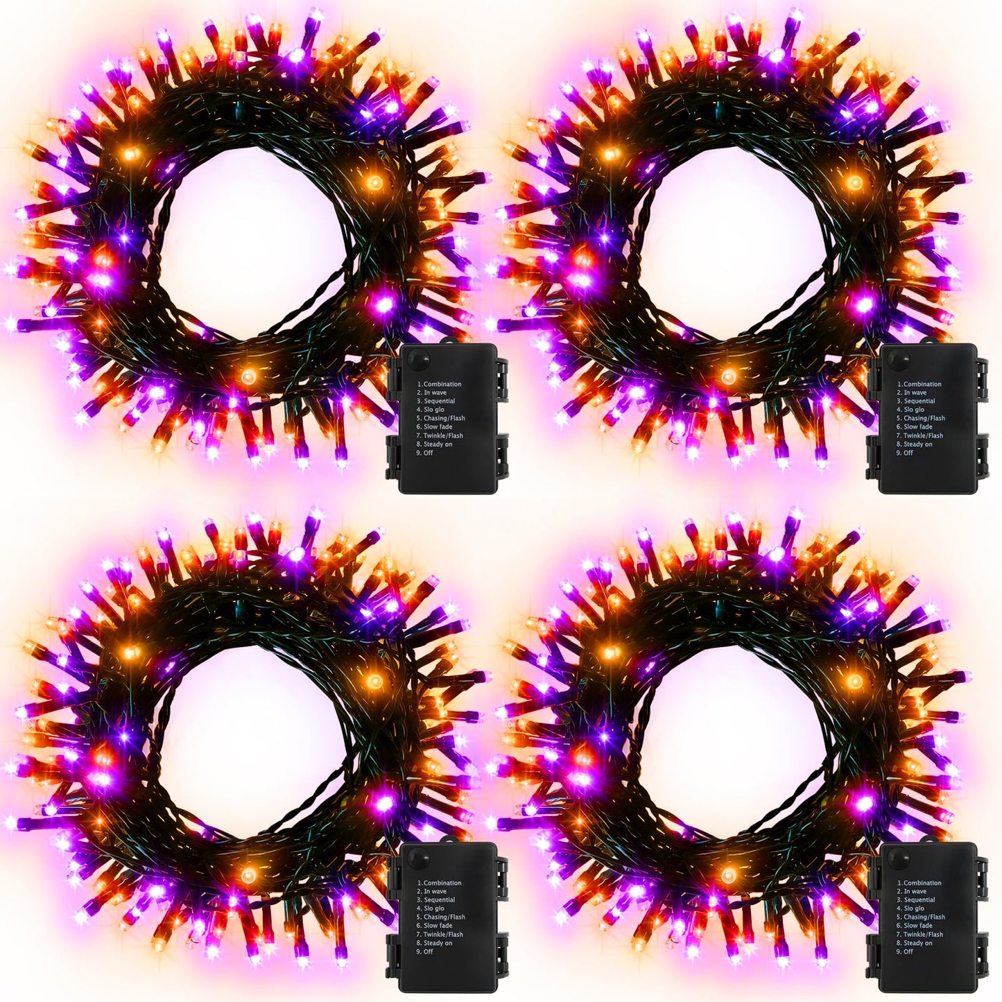 4 Pack Orange Purple Halloween String Lights Battery Operated, Each 16.4Ft 50 LED Indoor Halloween Lights with Timer 8 Modes for Party Yard Patio Decoration