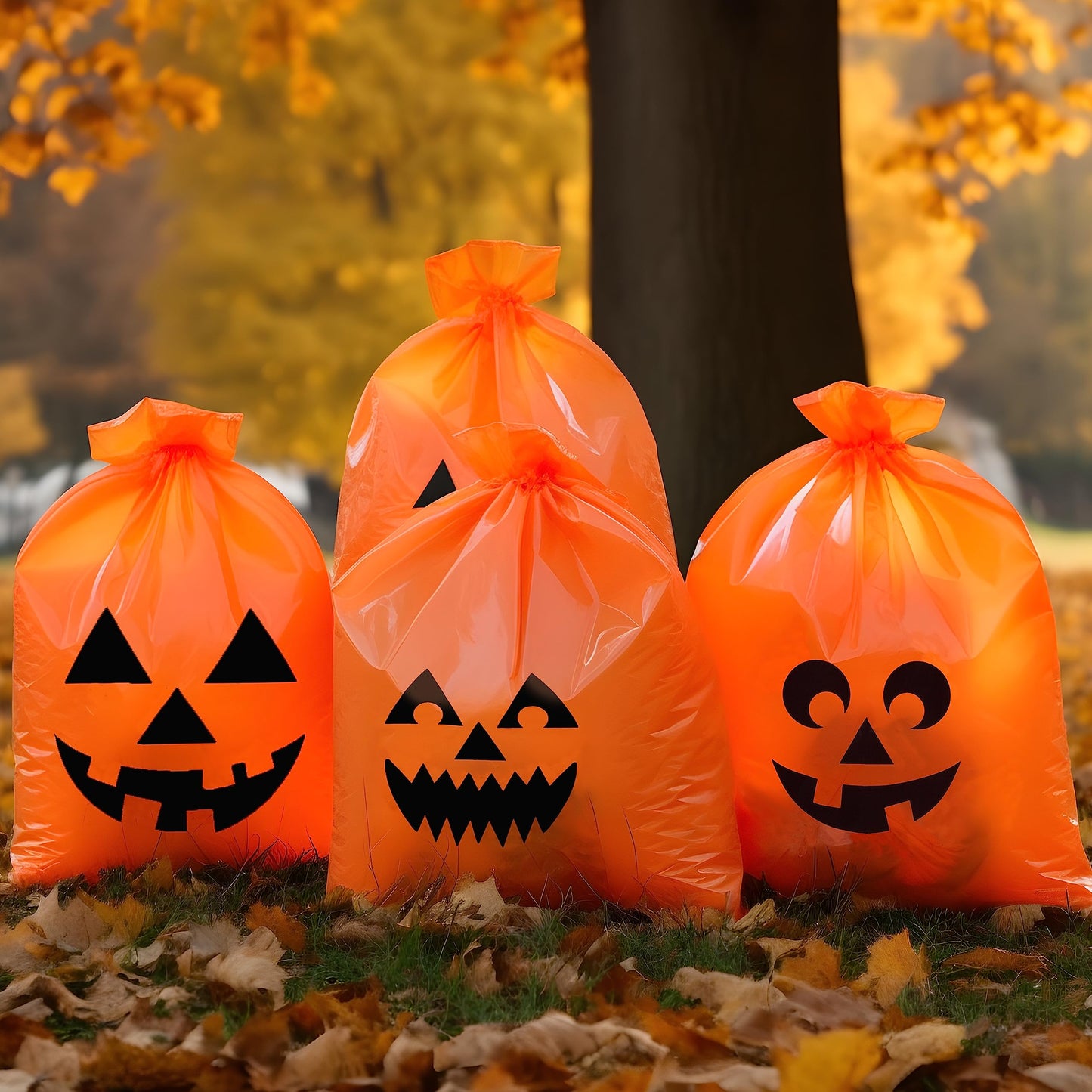 JOYIN 6 Pcs Halloween Pumpkin Leaf Bags, Plastic Lawn Bags for Yard Fall Leaf Halloween Decorations, Jack o' Lantern Reusable Trash Bag for Decor Party Favors, Party Supplies
