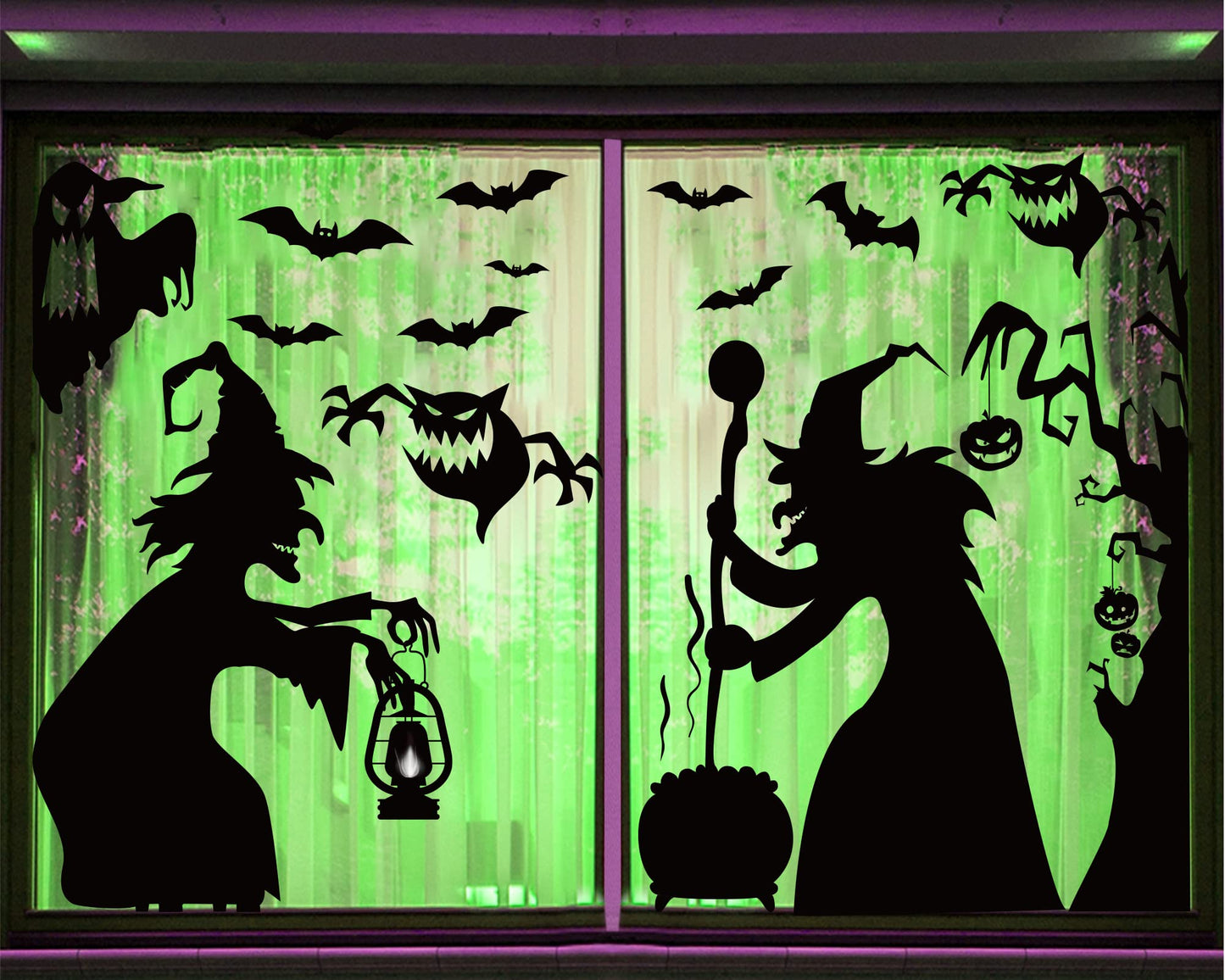 Large Halloween Window Decorations -Witch Clings, Scary Silhouette Poster Decals, Horror Stickers for Party Supplies - PVC Mirror Glass Window Stickers