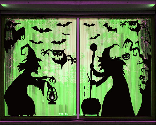Large Halloween Window Decorations -Witch Clings, Scary Silhouette Poster Decals, Horror Stickers for Party Supplies - PVC Mirror Glass Window Stickers