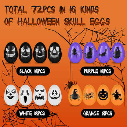 72 Pieces Halloween Skull Eggs Halloween Easter Plastic Eggs Halloween Eggs Plastic Fillable Scavenger Hunt for Trick or Treating Candy Box Mini Halloween Eggs for Halloween Party Supplies