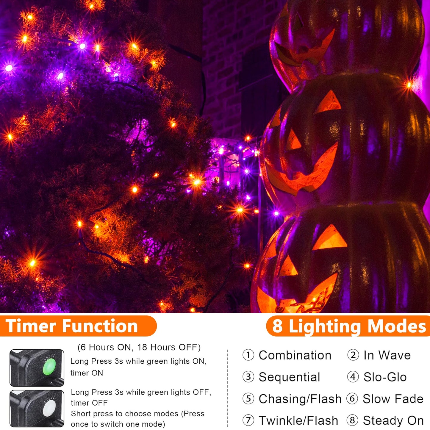 Joomer Orange Purple Halloween Lights, 100FT 300 LED String Lights with 8 Modes Timer Waterproof Plug in Indoor Outdoor String Light Connectable for Halloween Decorations