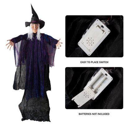 FUNPENY 6 FT Hanging Witch Outdoor Halloween Decorations, Light Up Hanging Witch with Sound Activation for Halloween Haunted House Props Party Supplies Yard Outdoor Indoor Decor
