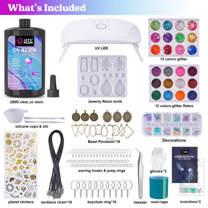 LET'S RESIN Jewelry Making Kit - 153Pcs Highly Clear Resin with Upgraded UV Lamp, Resin Accessories for Keychains, Jewelry