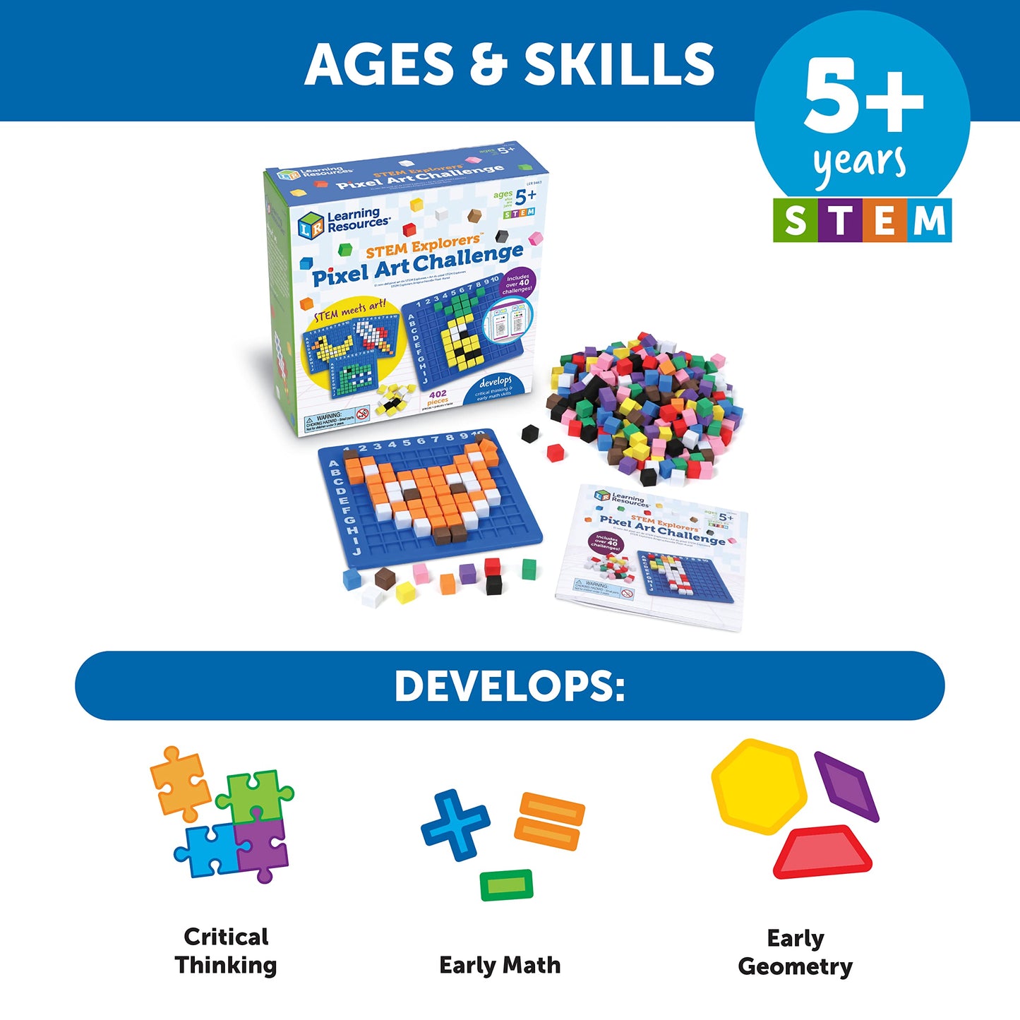 Learning Resources STEM Explorers Pixel Art Challenge - Math Puzzles, Pattern Blocks, Creativity for Kids Sensory Bin, Arts and Crafts, Math Manipulatives, Building Toys, Montessori