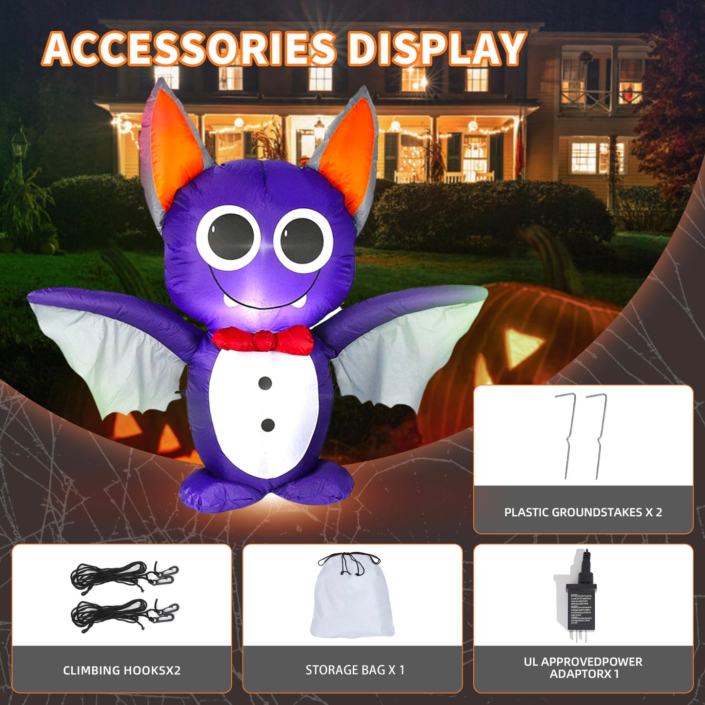 Dearsun 4FT H Adorable Halloween Inflatable Purple Bat with Build-in LED Lights Blow up Outer Indoor Decoration Large Party Yard Decoration