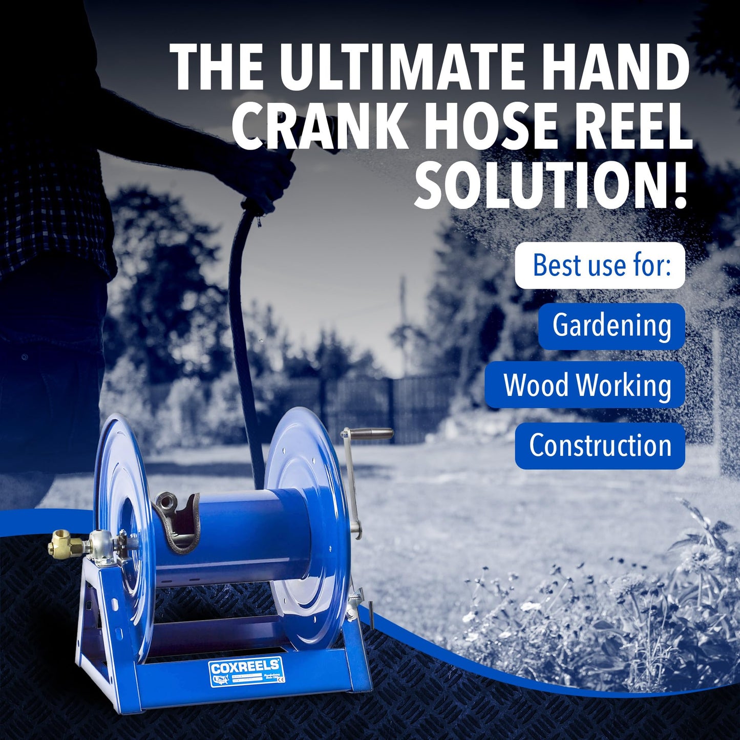 Coxreels 112-3-100 Hand Crank Hose Reel - Heavy-Duty Steel Frame for Stability - Adjustable Tension Brake for Controlled Operation- Fits 3/8 x 100 ft Hose - 12 x 18.25 x 13 inches