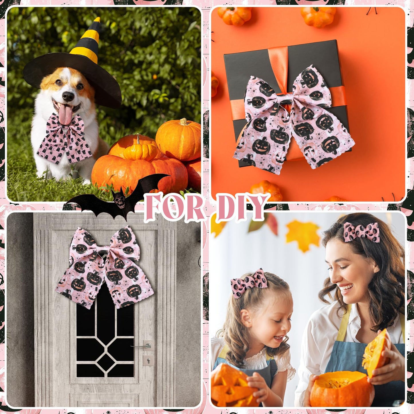 Hosuly 40 Pcs Pink Halloween Fabric Vintage Pumpkin Crow Skull Ghost Spiderweb Quilting Fabric Patchwork Roll Halloween Quilting Strips 2.55 Inch Precut for Sewing Material DIY Crafts