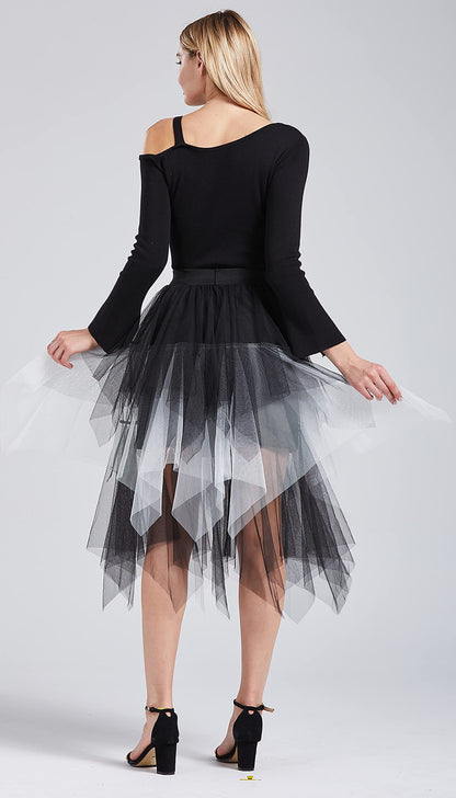 LBKKC Tulle Skirts for Women, White and Black Halloween Puffy Skirt Asymmetrical Midi Length Ruffled Tutu Layered Mesh Fairy Skirt
