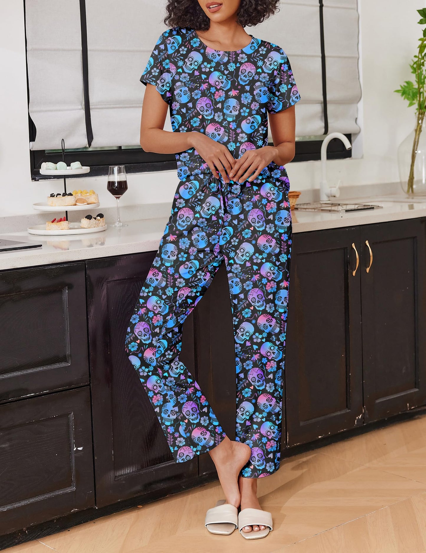 Ekouaer 2 Pack Pajamas for Women Set Short Sleeve Sleepwear Top and Pants Pjs Soft Printed Lounge Sets with Pockets Skull/Halloween XX-Large