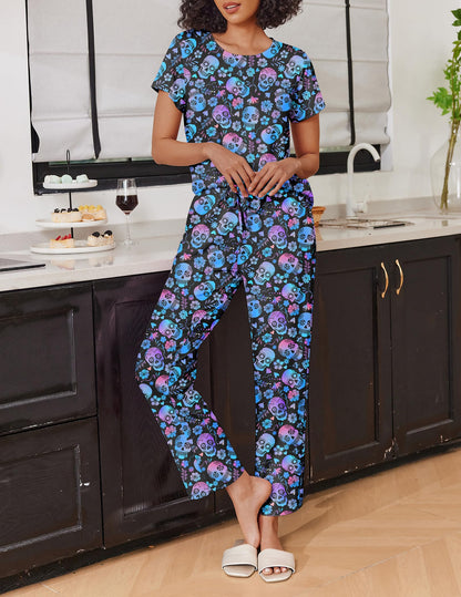 Ekouaer 2 Pack Pajamas for Women Set Short Sleeve Sleepwear Top and Pants Pjs Soft Printed Lounge Sets with Pockets Skull/Halloween Large