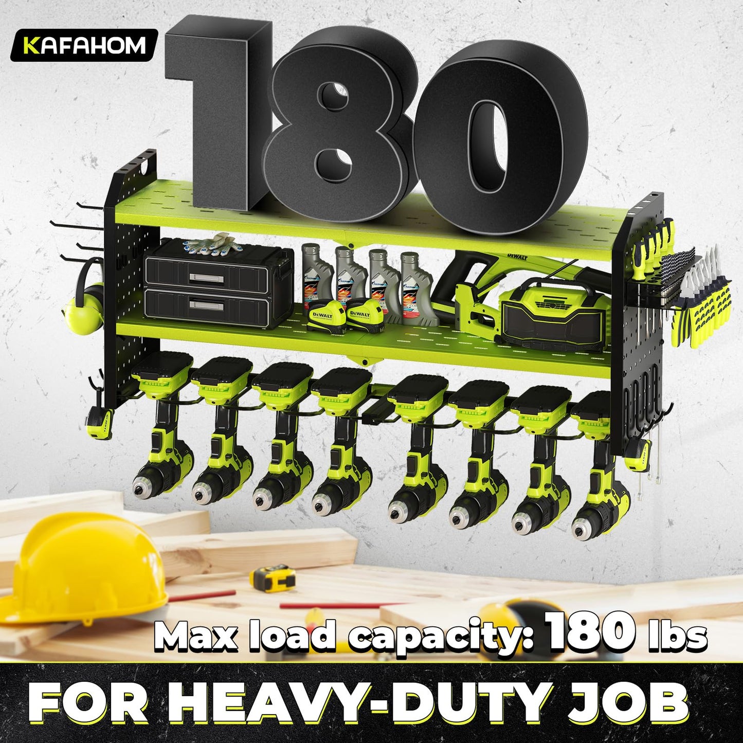 KAFAHOM Power Tool Organizer, Large 8 Drill Holder Wall Mount with 2 Side Pegboards, Heavy Duty Metal Tool Shelf with 12 Hooks, Storage Rack for Garage Organization, Utility Battery Shelves - Green