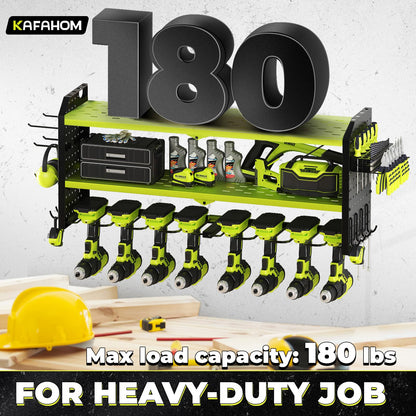 KAFAHOM Power Tool Organizer, Large 8 Drill Holder Wall Mount with 2 Side Pegboards, Heavy Duty Metal Tool Shelf with 12 Hooks, Storage Rack for Garage Organization, Utility Battery Shelves - Green