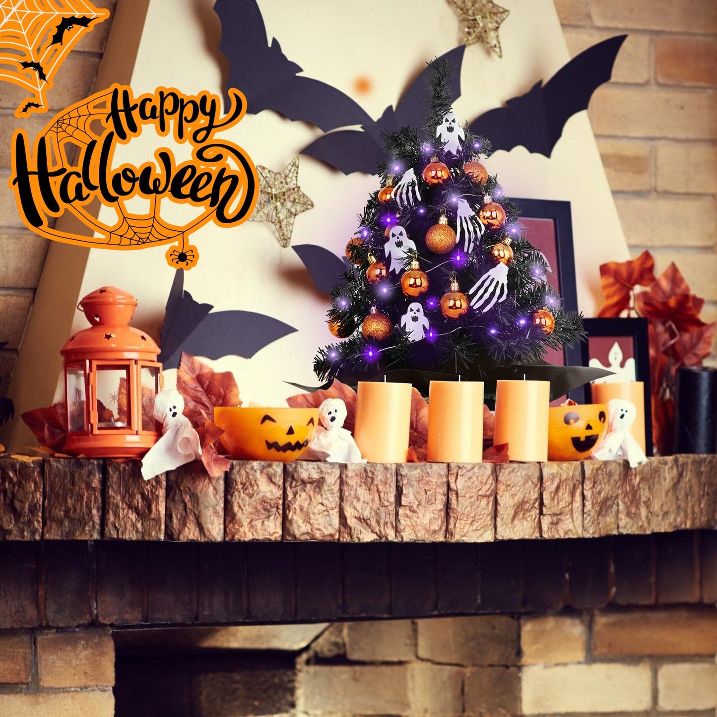 20" Mini Halloween Tree Black Tree Artificial Mini Halloween Tree with Purple LED Lights, Orange Balls Ornaments, Skeleton Hand and Ghost Decorations for Halloween Tabletop Decoration