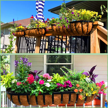 LCHUANG Railing Planter Window Box - 4 Pack 24 Inch Deck Balcony Rail Planter with Coconut Coir Liner, Fence Metal Hanging Flower Basket Deck Railing Planter Boxes for Outdoor Garden